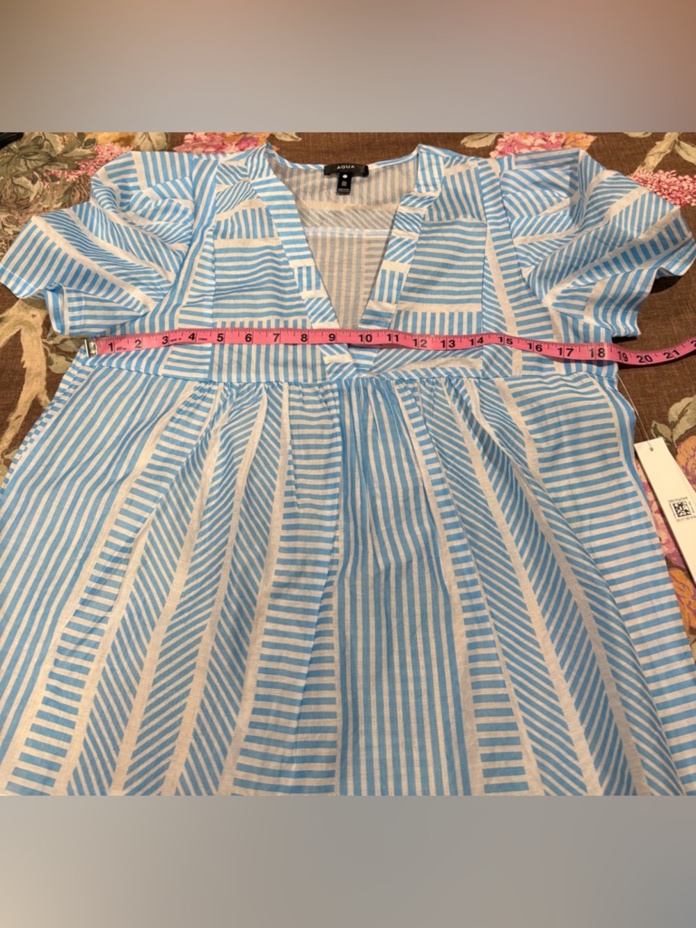 Aqua Sky Blue Patterned V Neck Blouse - Picture 5 of 5